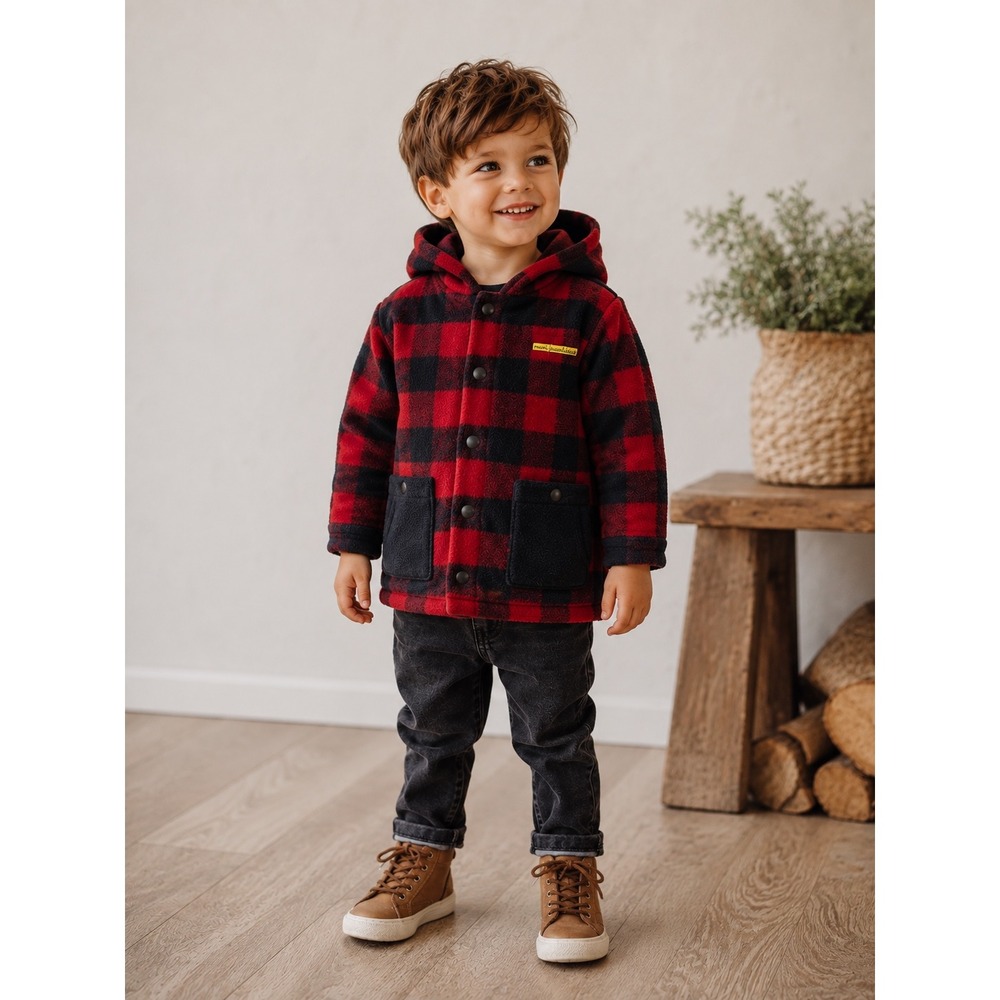 Vintage Kids 3T Buffalo Plaid Fleece Hooded Jacket Red Black
